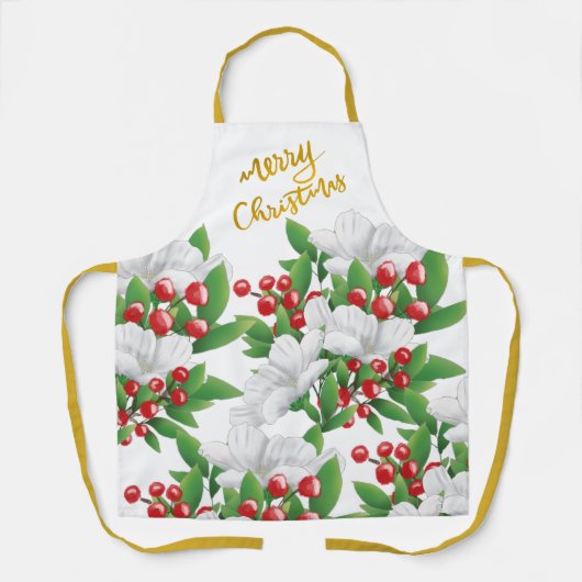 ホワイトレッドグリーンフローラ | 金ゴールドメリークリスマス エプロン (正面)