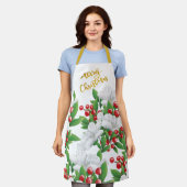 ホワイトレッドグリーンフローラ | 金ゴールドメリークリスマス エプロン (着用した状態)