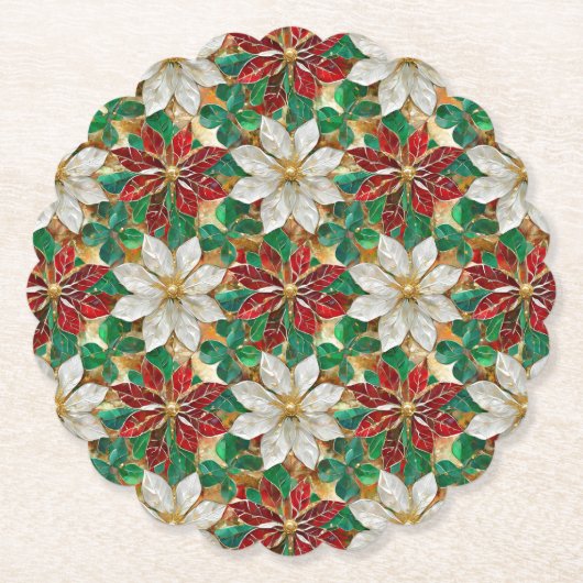 ホワイトレッドグリーン金ゴールドポインセチア ペーパーコースター (正面)