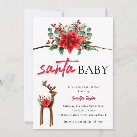 ホワイトレッドサンタベビークリスマスをテーマにした赤ちゃんシャワー 招待状 (正面)