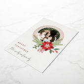 ホワイトレッドサークルフォトポインセチアMerry Christmas 箔シーズンカード (回転した状態)