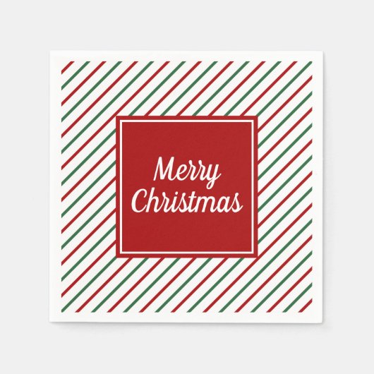 ホワイトレッドストライプグリーンのクリスマス スタンダードカクテルナプキン (正面)
