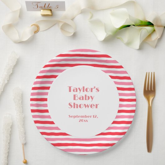 ホワイトレッドピンクストライプ色の赤ちゃんシャワー ペーパープレート (ウェディング)