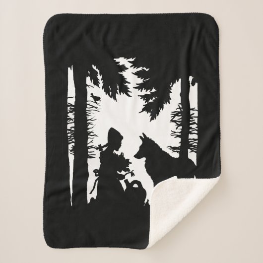 ホワイトレッドライディングフードウルフのブラックシルエット シェルパブランケット (正面)