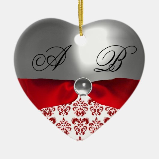 ホワイトレッドリボンダマスク宝石ストーンモノグラム セラミックオーナメント (正面)