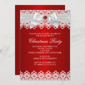 ホワイトレッドレースジュエルボウクリスマスパーティー招待状 招待状 (正面/裏面)