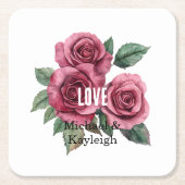 ホワイトレッドローゼズフローララブ結婚ーズ スクエアペーパーコースター (正面)
