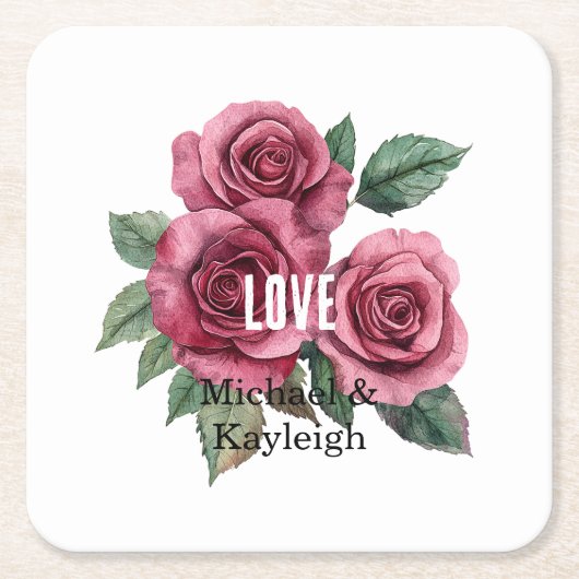 ホワイトレッドローゼズフローララブ結婚ーズ スクエアペーパーコースター (正面)