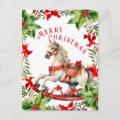 ホワイトレッドヴィンテージロッキングホースのクリスマスポストカード シーズンポストカード (正面)