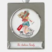 ホワイトレッド名ミニマルかわいらしモダンリストクリスマス シルバープレートバナーオーナメント (正面)