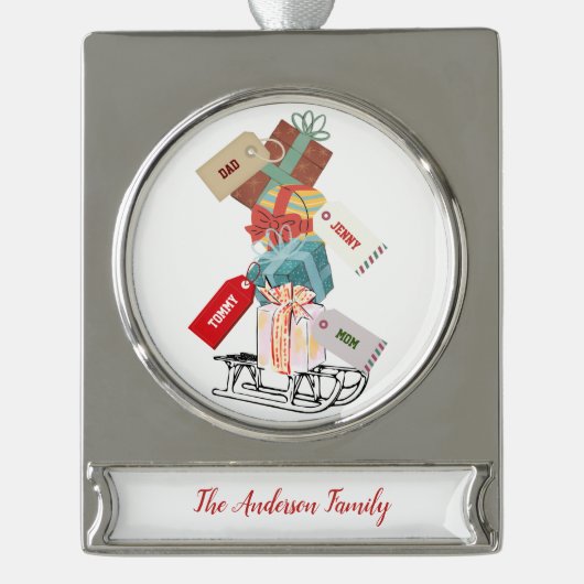 ホワイトレッド名ミニマルかわいらしモダンリストクリスマス シルバープレートバナーオーナメント (正面)