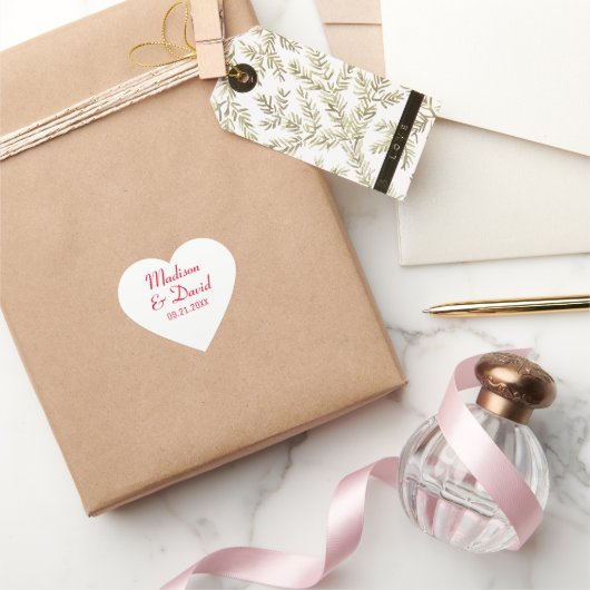 ホワイトレッド結婚のカップル名の日付 ハートシール (ギフト)