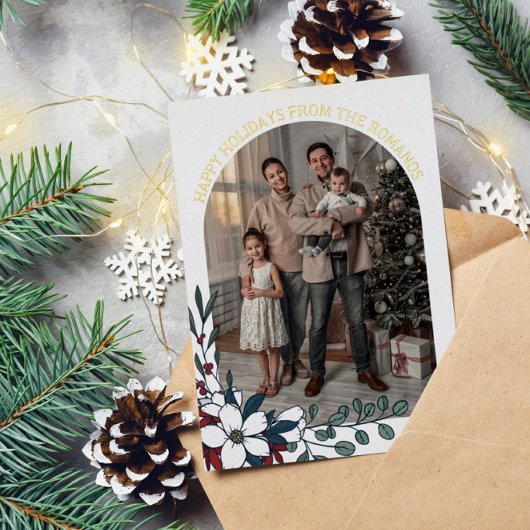 ホワイトレッド花模様アーチフォトハッピーホリデイズ 箔シーズンカード