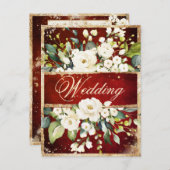 ホワイトレッド金ゴールド植物学素朴フローラ結婚ズ インビテーションポストカード (正面/裏面)