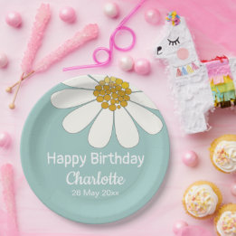 ホワイトレトロモダンデイジーフラワーカスタム誕生日 ペーパープレート