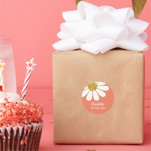 ホワイトレトロモダンデイジーフラワーカスタム誕生日 ラウンドシール (パーティー)
