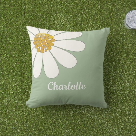 ホワイトレトロモダンデイジーフラワー名前をカスタムする アウトドアクッション (芝生)