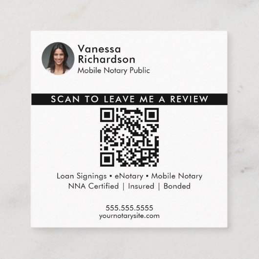 ホワイトレビュモダンーQRコード公証人写真ありがとう スクエア名刺 (裏面)