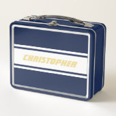 ホワイトレーシングストライプ金ゴールドモノグラムキッズボーイズブルー メタルランチボックス (正面)