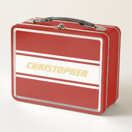 ホワイトレーシングストライプ金ゴールドモノグラムキッズボーイズレッド メタルランチボックス