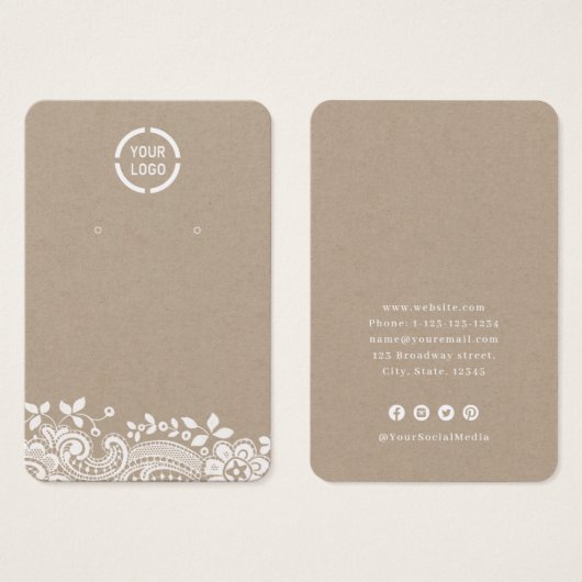 ホワイトレースとクラフトカスタムロゴのイヤリングディスプレイ (正面&裏面)