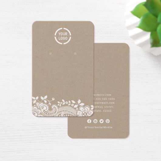 ホワイトレースとクラフトカスタムロゴのイヤリングディスプレイ (デスク)