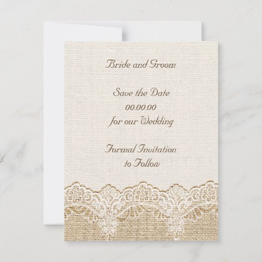 ホワイトレースとハートのバーラップ結婚式の日付を保存 招待状 (裏面)