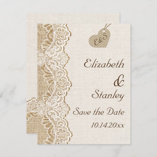 ホワイトレースとハートのバーラップ結婚式の日付を保存 招待状 (正面/裏面)