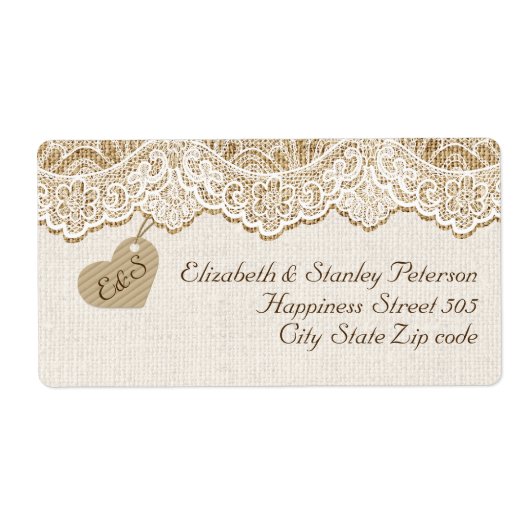 ホワイトレースとハートをバーラップ結婚の ラベル (正面)