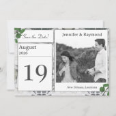 ホワイトレースとバラ葉の日付カードを保存 セーブザデート (正面)