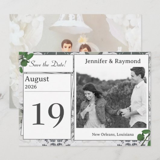 ホワイトレースとバラ葉の日付カードを保存 セーブザデート (正面/裏面)