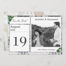 ホワイトレースとバラ葉の日付カードを保存 セーブザデート