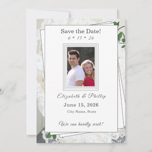 ホワイトレースとバラ葉の結婚式日付を保存 セーブザデート (正面)