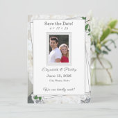 ホワイトレースとバラ葉の結婚式日付を保存 セーブザデート (スタンド正面)