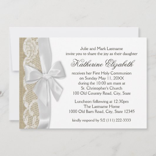 ホワイトレースとバーラップ第1聖餐式 招待状 (正面)