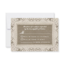 ホワイトレースとバーラップ結婚式のRSVPカード