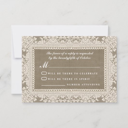 ホワイトレースとバーラップ結婚式のRSVPカード 出欠カード (正面)