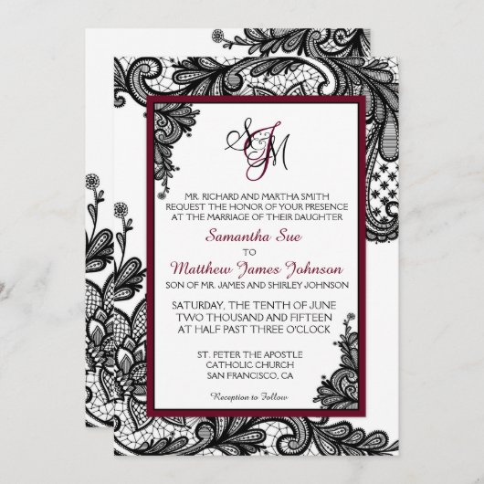 ホワイトレースとブラックレースの結婚式招待状カード 招待状 (正面/裏面)