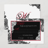 ホワイトレースとブラックレースエレガントRSVPカード 出欠カード (正面/裏面)