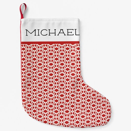 ホワイトレースとレッドレース名前をカスタムする スモールクリスマスストッキング (正面)