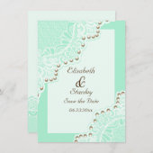 ホワイトレースと真珠のミントウェディング日付を保存 セーブザデート (正面/裏面)