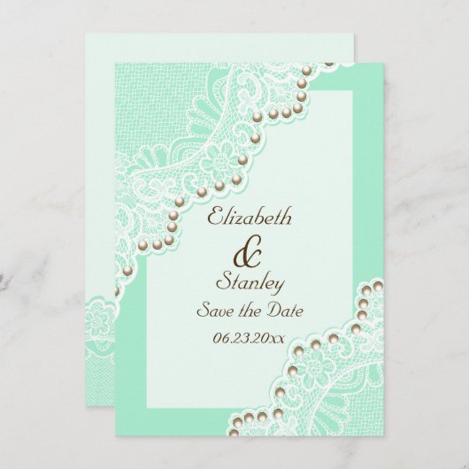 ホワイトレースと真珠のミントウェディング日付を保存 セーブザデート (正面/裏面)