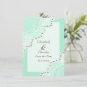 ホワイトレースと真珠のミントウェディング日付を保存 セーブザデート (スタンド正面)