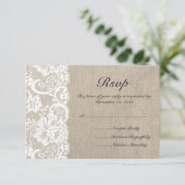 ホワイトレースとBurlapウェディングRSVPカード 出欠カード (スタンド正面)