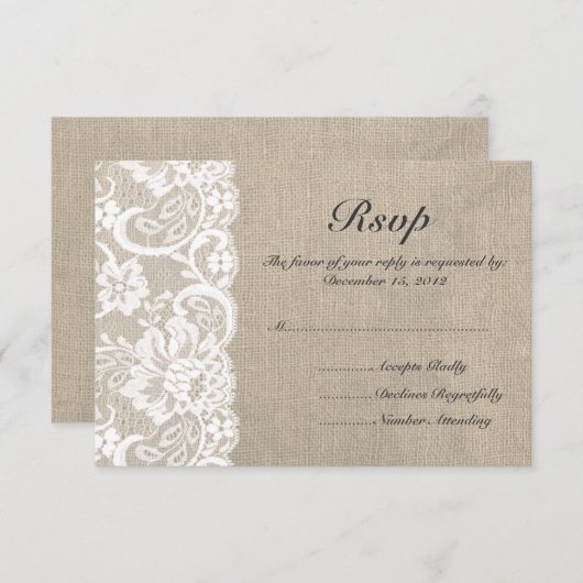 ホワイトレースとBurlapウェディングRSVPカード 出欠カード (正面/裏面)