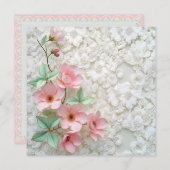 ホワイトレースにリニューアルピンクの花をブライダル 招待状 (正面/裏面)