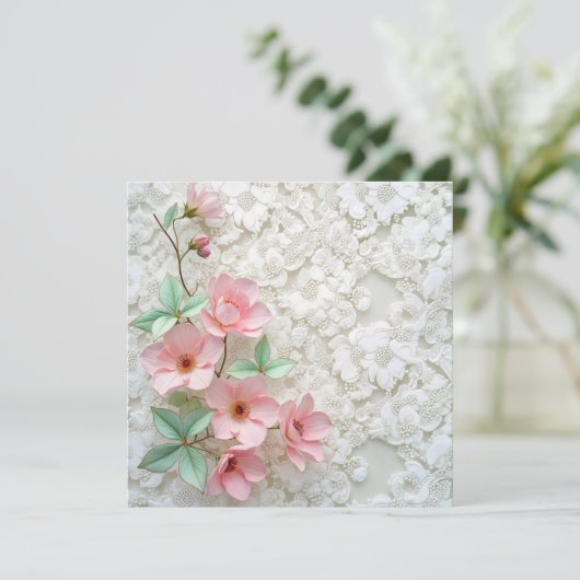 ホワイトレースにリニューアルピンクの花をブライダル 招待状 (スタンド正面)