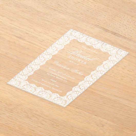 ホワイトレースのブライダルシャワー アクリル招待状 (レイダウン)