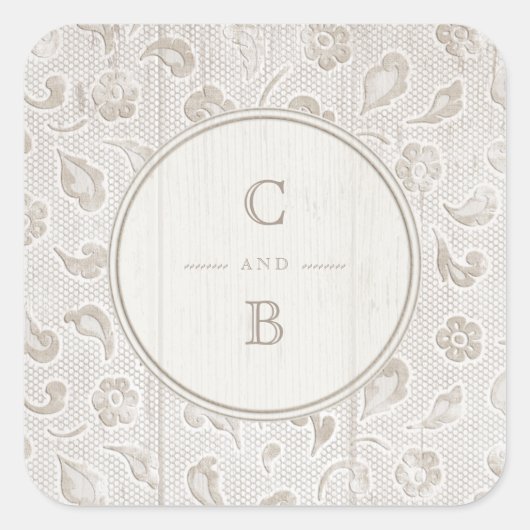 ホワイトレースウッド素朴な田舎の結婚式のモノグラム スクエアシール (正面)