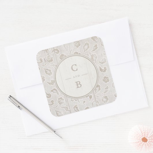 ホワイトレースウッド素朴な田舎の結婚式のモノグラム スクエアシール (封筒)
